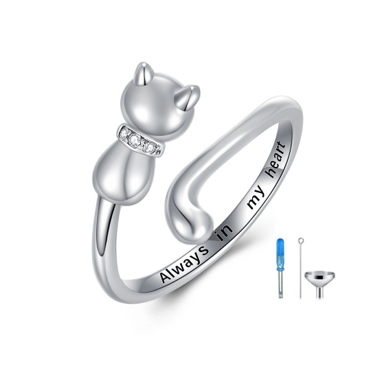 Sterling Silver Circular Shaped Cubic Zirconia Cat Urn Ring with Engraved Word