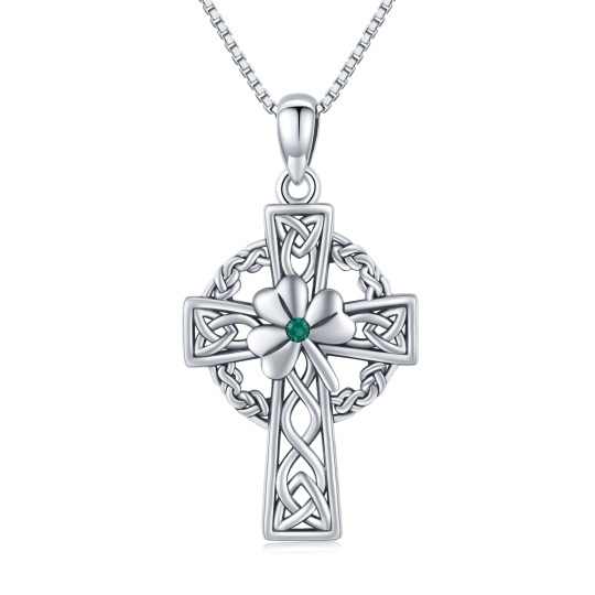 Sterling Silver Circular Shaped Cubic Zirconia Celtic Knot & Cross Pendant Necklace