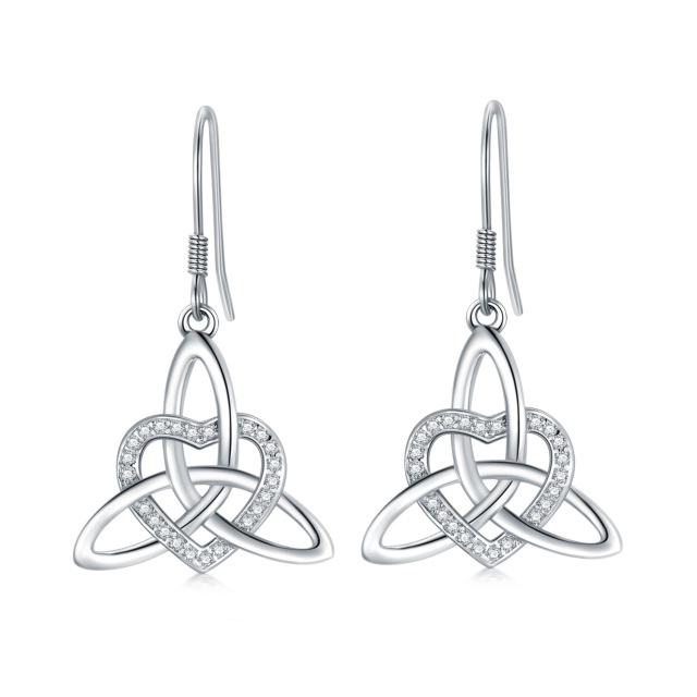 Boucles d'oreilles pendantes en argent sterling avec nœud celtique et cœur en zircon cubiq-1