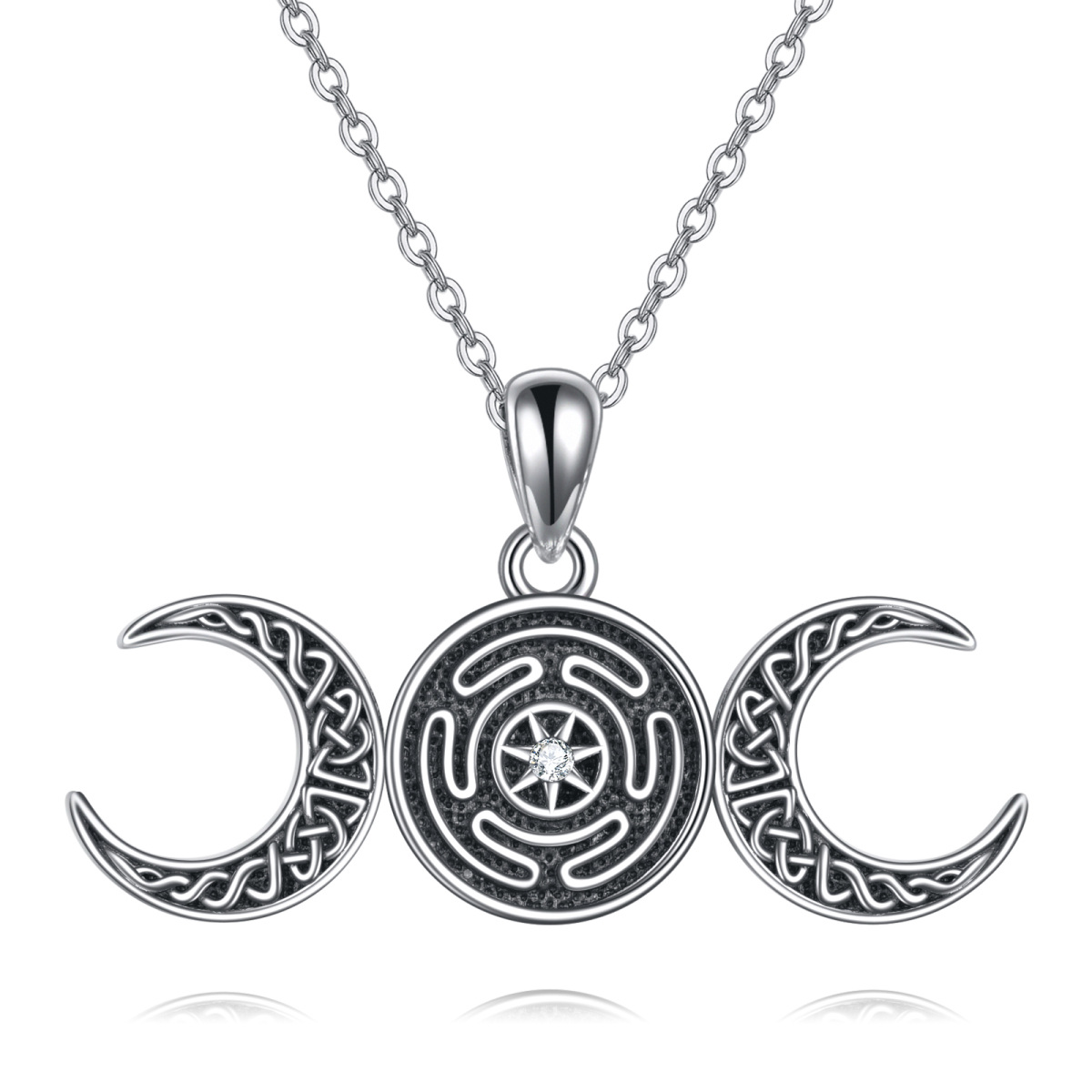 Sterling Silver Circular Cubic Zirconia Moon Celtic Knot With Hecate Wheel Pendant Necklace For Unisex-1