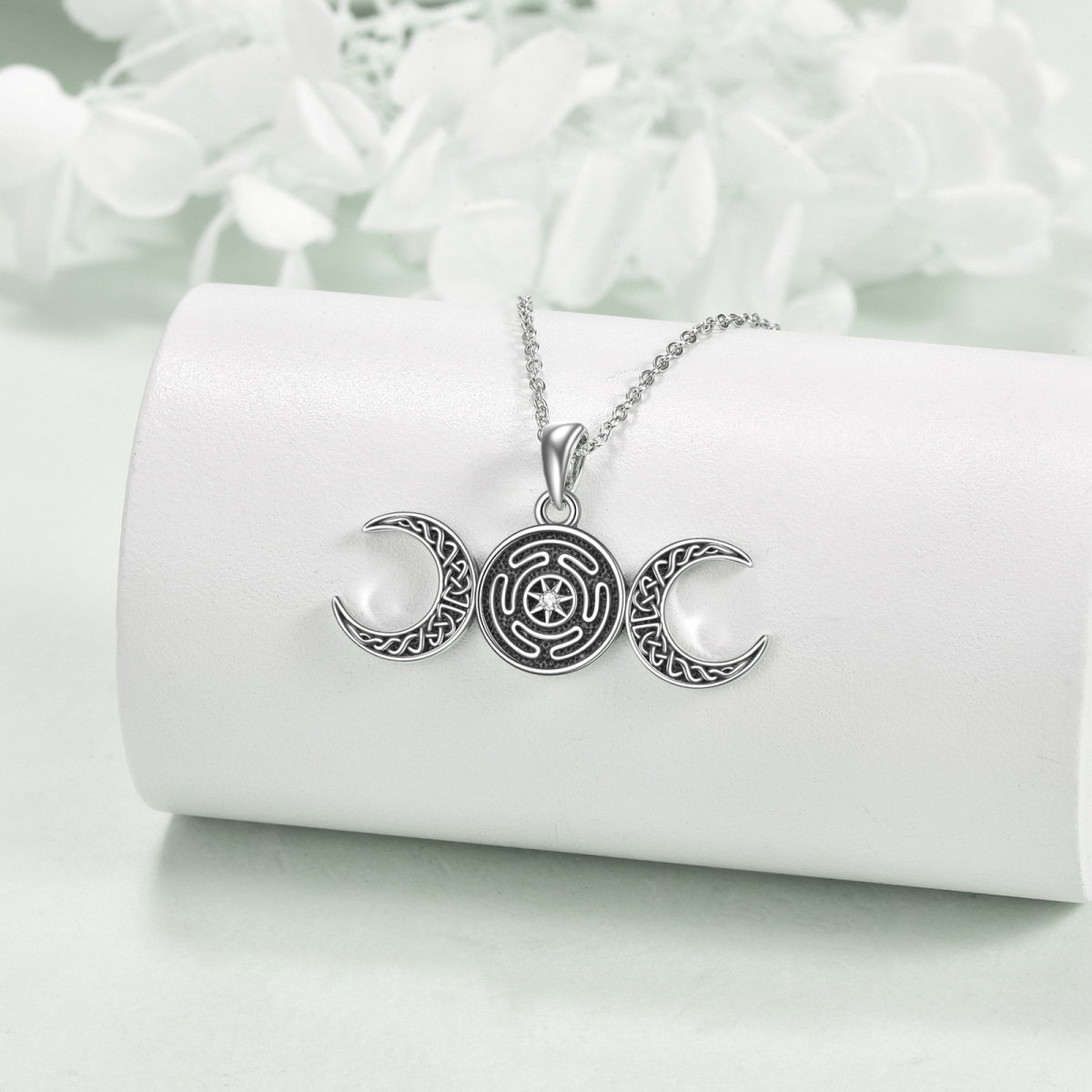 Sterling Silver Circular Cubic Zirconia Moon Celtic Knot With Hecate Wheel Pendant Necklace For Unisex-3