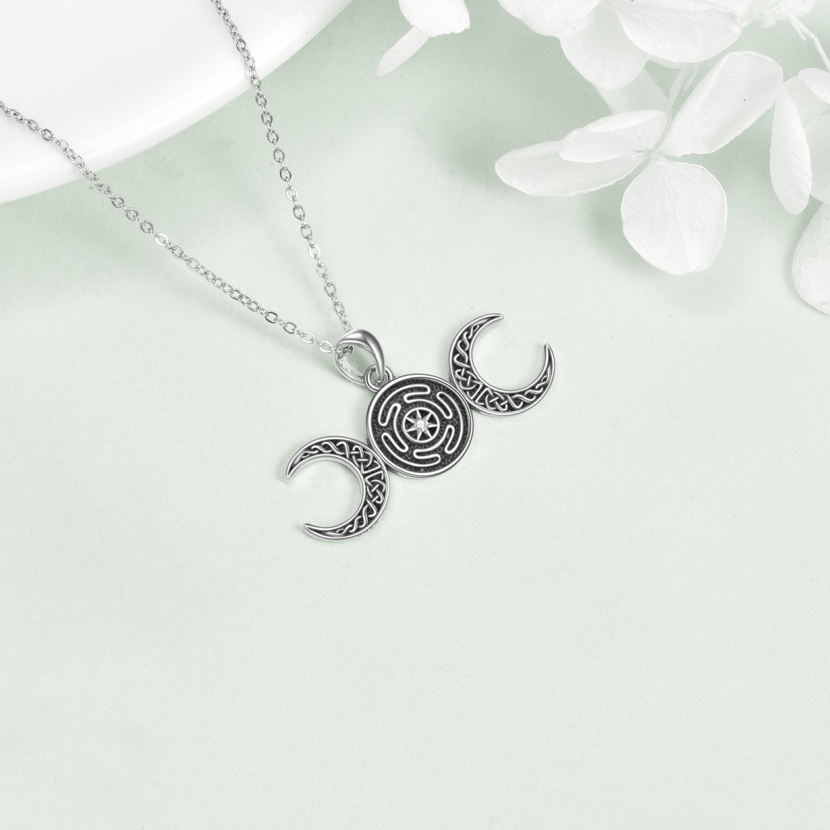 Sterling Silver Circular Cubic Zirconia Moon Celtic Knot With Hecate Wheel Pendant Necklace For Unisex-4