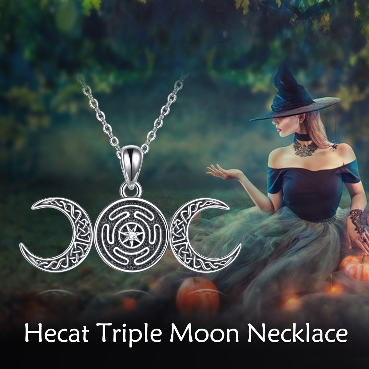 Sterling Silver Circular Cubic Zirconia Moon Celtic Knot With Hecate Wheel Pendant Necklace For Unisex-6