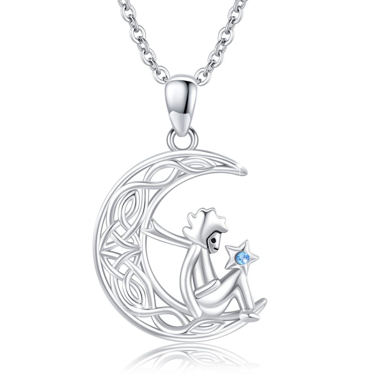 Sterling Silver Circular Shaped Cubic Zirconia Celtic Knot & Moon Pendant Necklace-1