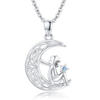 Sterling Silver Circular Shaped Cubic Zirconia Celtic Knot & Moon Pendant Necklace-3