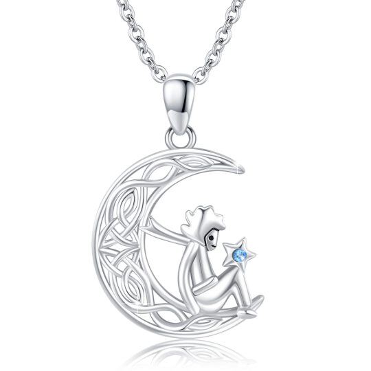 Sterling Silver Circular Shaped Cubic Zirconia Celtic Knot & Moon Pendant Necklace