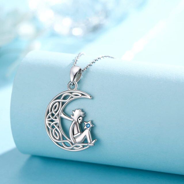 Sterling Silver Circular Shaped Cubic Zirconia Celtic Knot & Moon Pendant Necklace-5