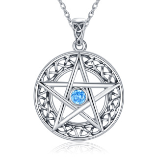 Sterling Silver Circular Shaped Cubic Zirconia Celtic Knot & Pentagram Pendant Necklace-55