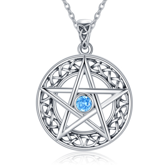 Sterling Silver Circular Shaped Cubic Zirconia Celtic Knot & Pentagram Pendant Necklace