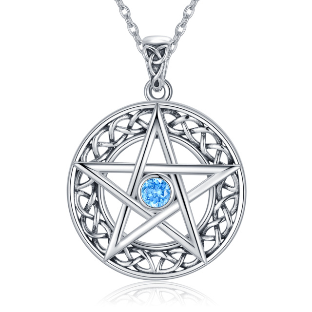 Sterling Silver Circular Shaped Cubic Zirconia Celtic Knot & Pentagram Pendant Necklace-5