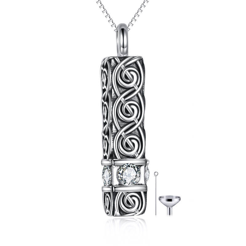 Sterling Silver Circular Shaped Cubic Zirconia Celtic Spiral Knot & Square Urn Necklace for Ashes