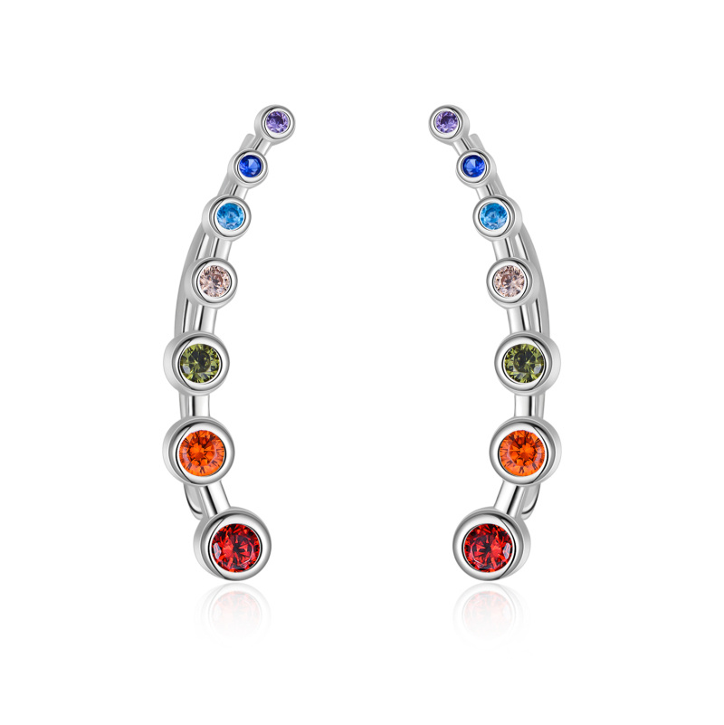 Sterling Silver Circular Shaped Cubic Zirconia Chakras Climber Earrings-15