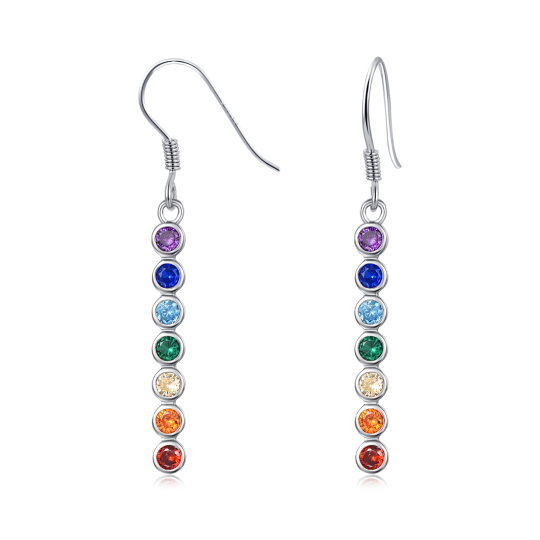 Sterling Silver Circular Shaped Cubic Zirconia Chakras Drop Earrings-1