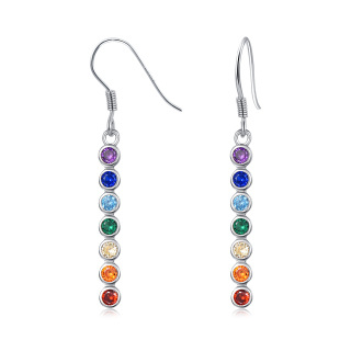 Sterling Silver Circular Shaped Cubic Zirconia Chakras Drop Earrings-33