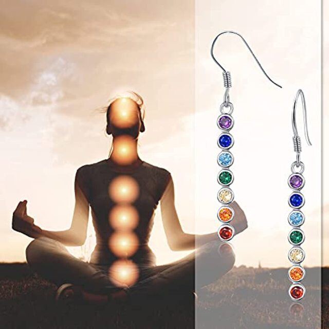 Sterling Silver Circular Shaped Cubic Zirconia Chakras Drop Earrings-5