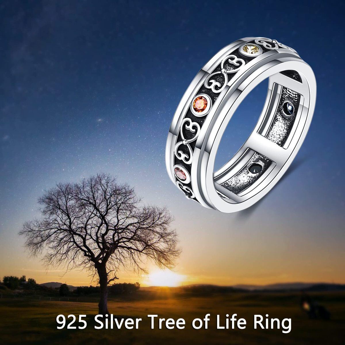 Sterling Silver Circular Shaped Cubic Zirconia Chakras Spinner Ring-6