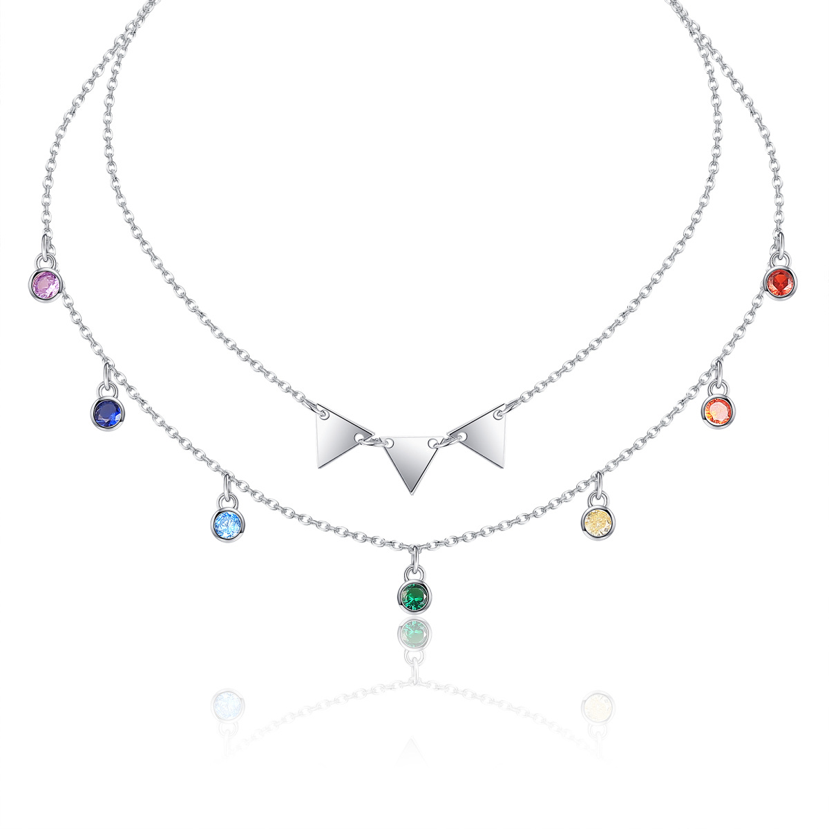 Sterling Silver Circular Shaped Cubic Zirconia Chakras & Triangle Choker Layered Necklace-1