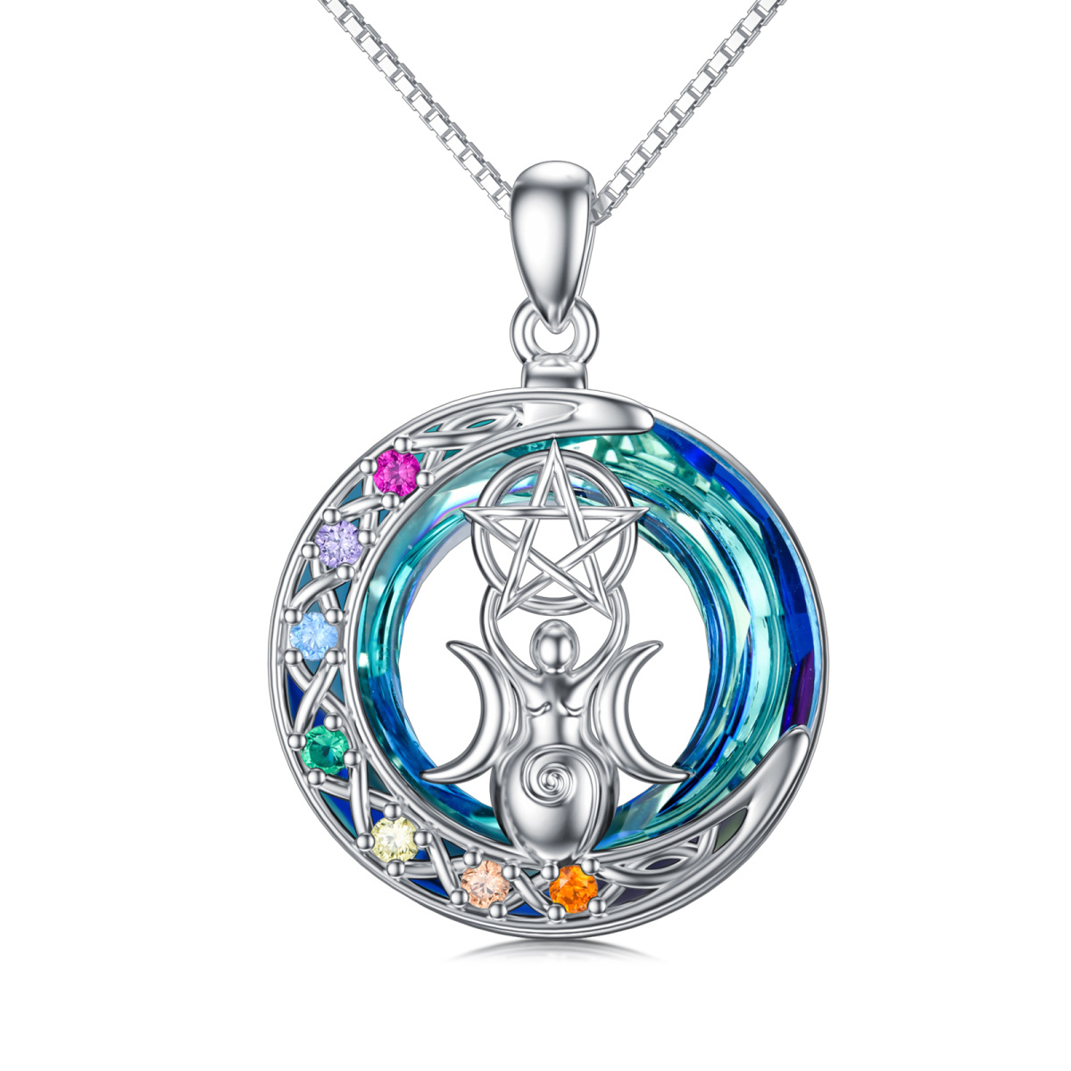 Sterling Silver Circular Shaped Chakras & Triple Moon Goddess Crystal Pendant Necklace-1