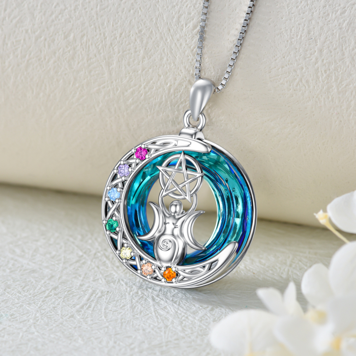 Colar de prata esterlina com pingente de cristal da Deusa da Lua Tripla e Chakras em forma-3