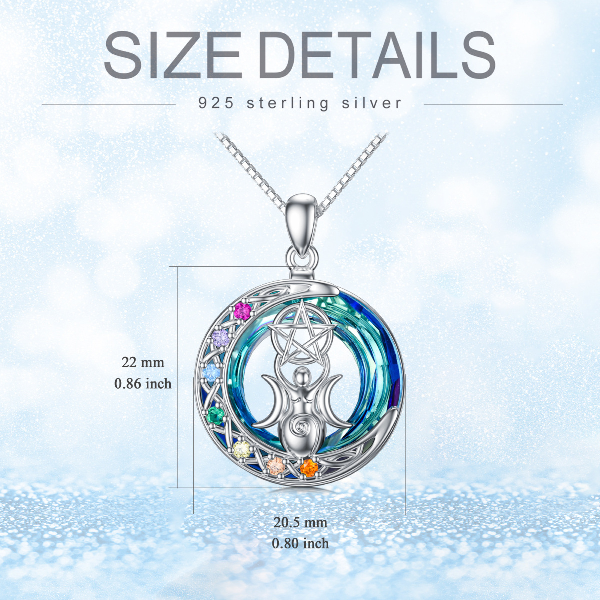 Sterling Silver Circular Shaped Chakras & Triple Moon Goddess Crystal Pendant Necklace-5