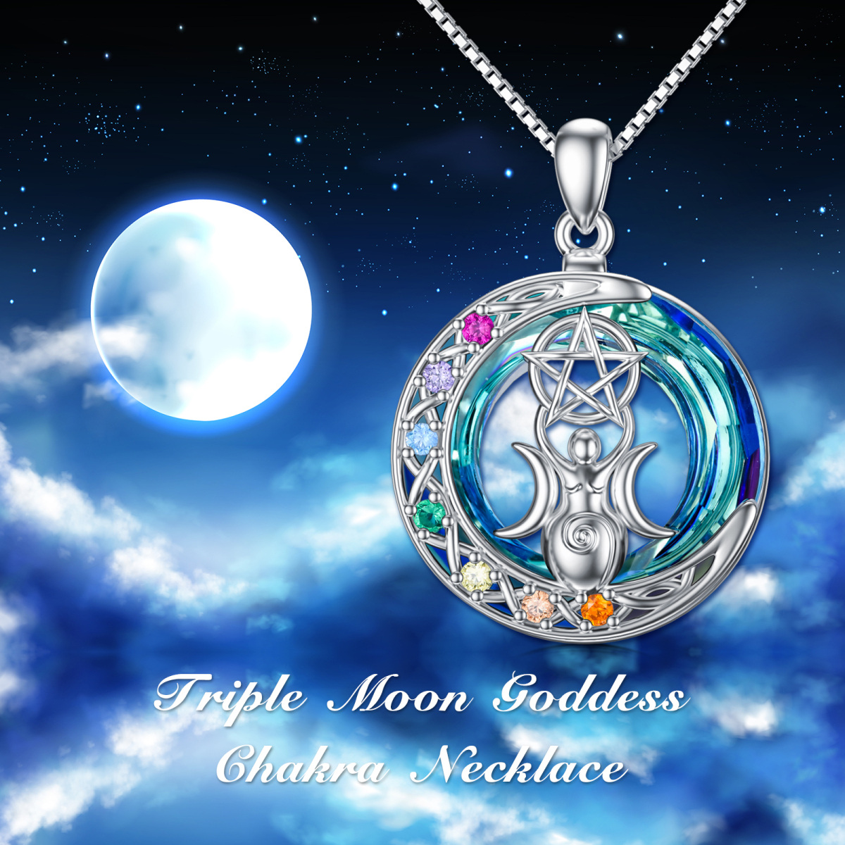 Sterling zilveren cirkelvormige chakra's & drievoudige maan godin kristal hanger ketting-6