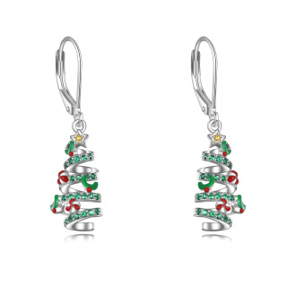 Sterling Silver Circular Shaped Cubic Zirconia Christmas Tree Lever-back Earrings-2