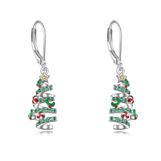 Sterling Silver Circular Shaped Cubic Zirconia Christmas Tree Lever-back Earrings-1