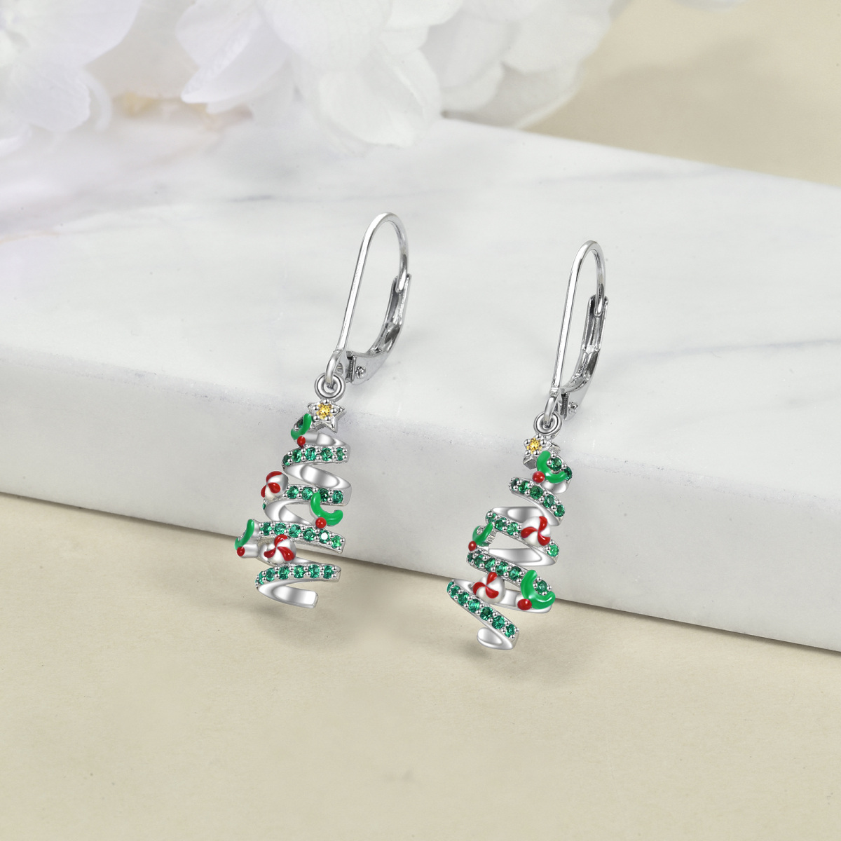 Sterling Silver Circular Shaped Cubic Zirconia Christmas Tree Lever-back Earrings-3