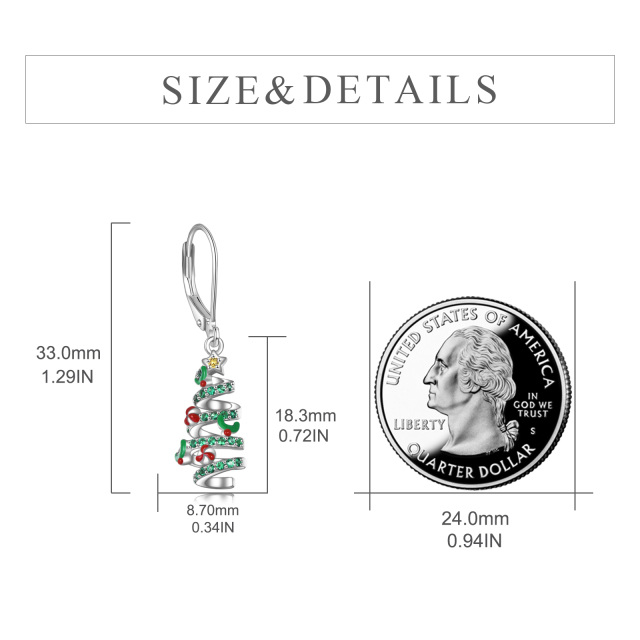 Sterling Silver Circular Shaped Cubic Zirconia Christmas Tree Lever-back Earrings-5