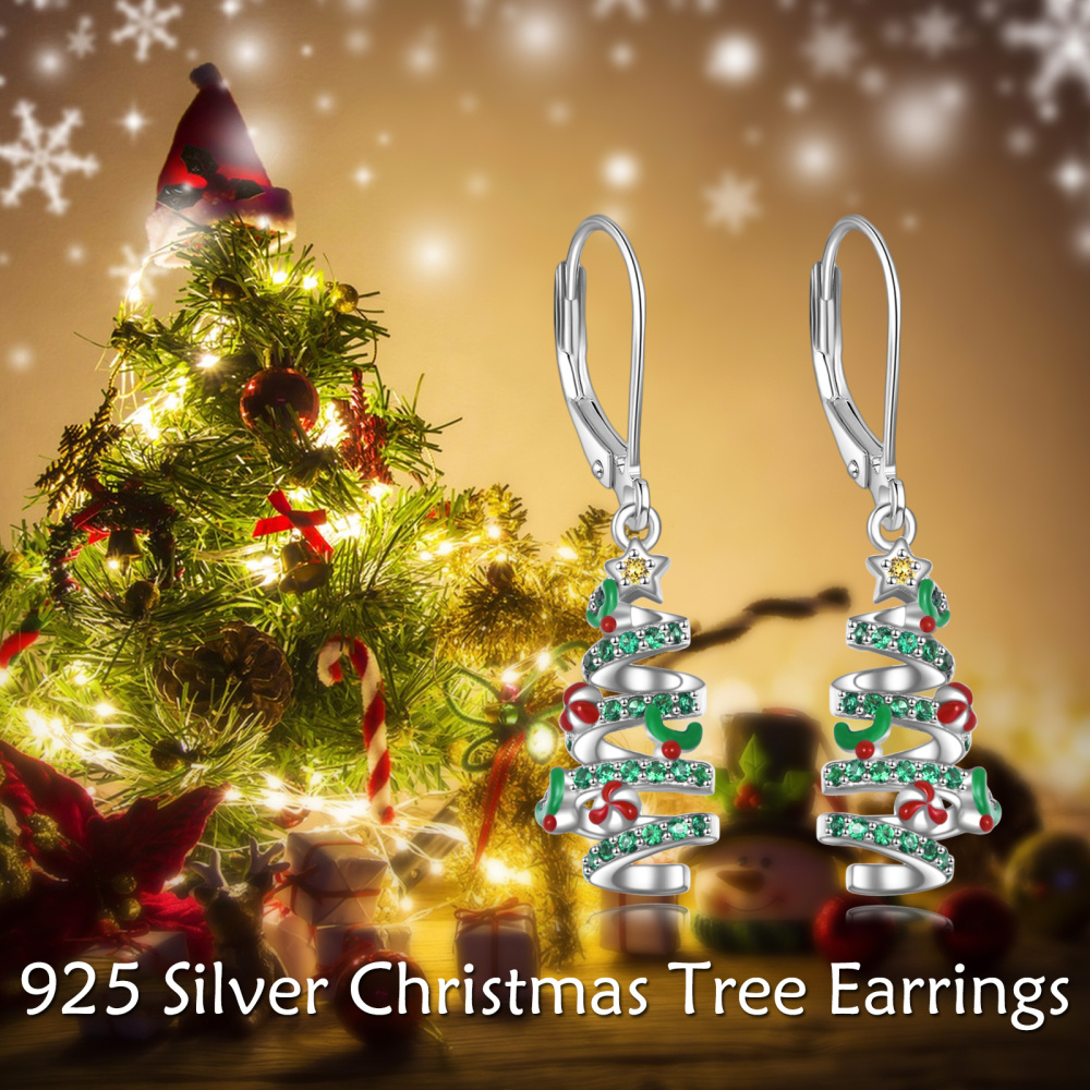 Sterling Silver Circular Shaped Cubic Zirconia Christmas Tree Lever-back Earrings-6