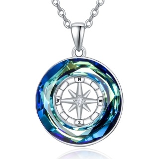 Sterling Silver Circular Shaped Compass Blue Crystal Pendant Necklace-24