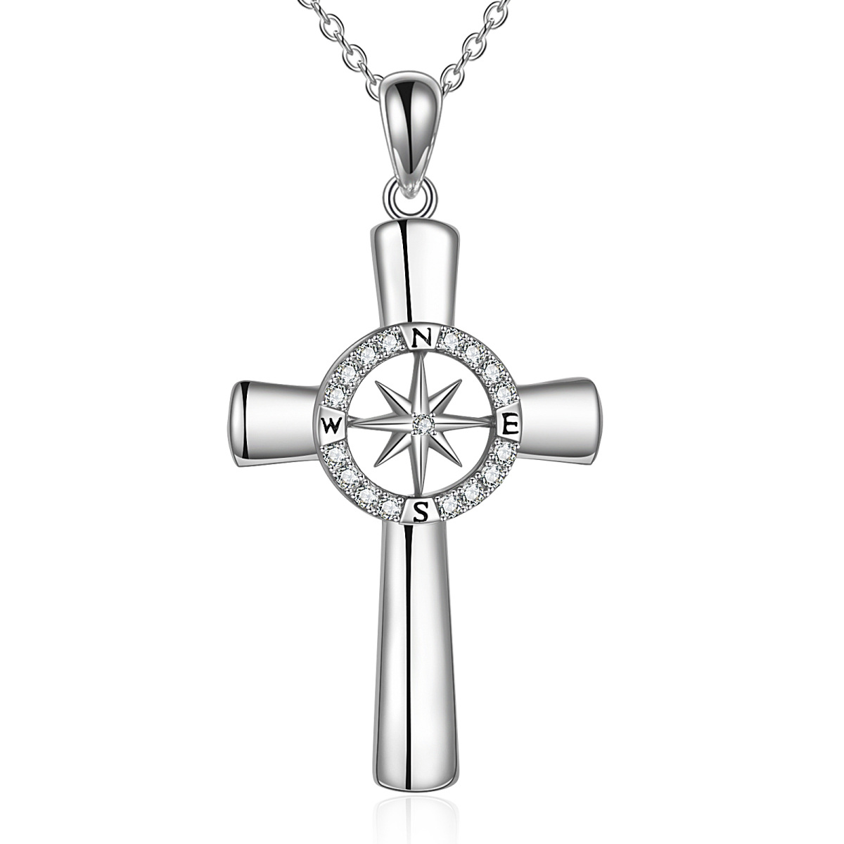 Sterling Silver Circular Shaped Cubic Zirconia Compass & Cross Pendant Necklace-1