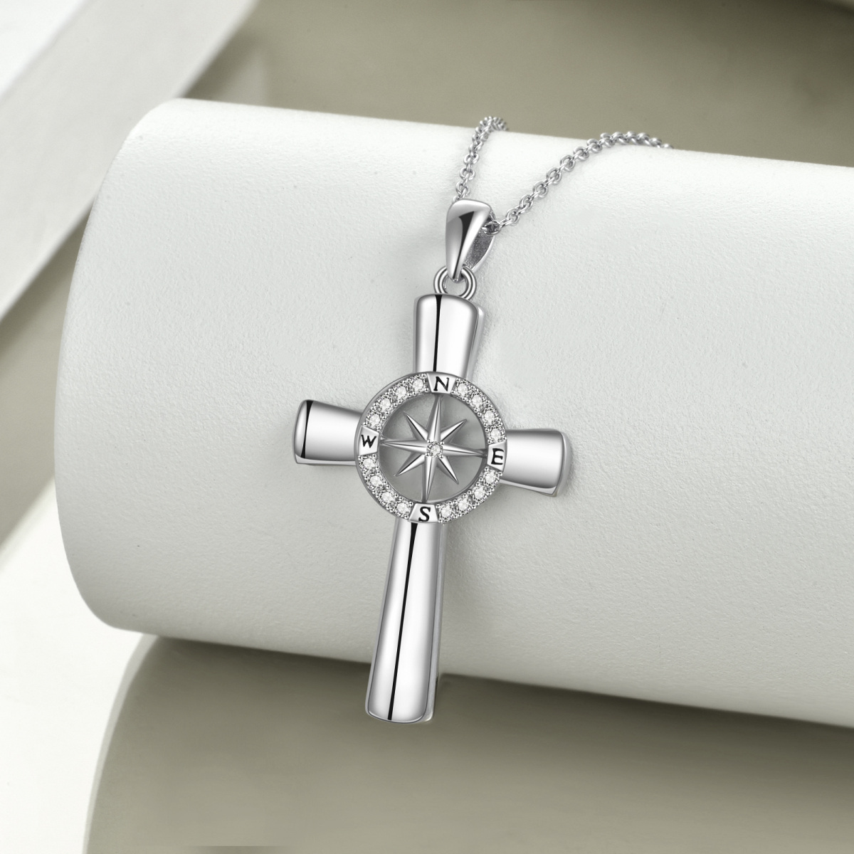 Sterling Silber kreisförmig Cubic Zirkonia Kompass & Kreuz Anhänger Halskette-3