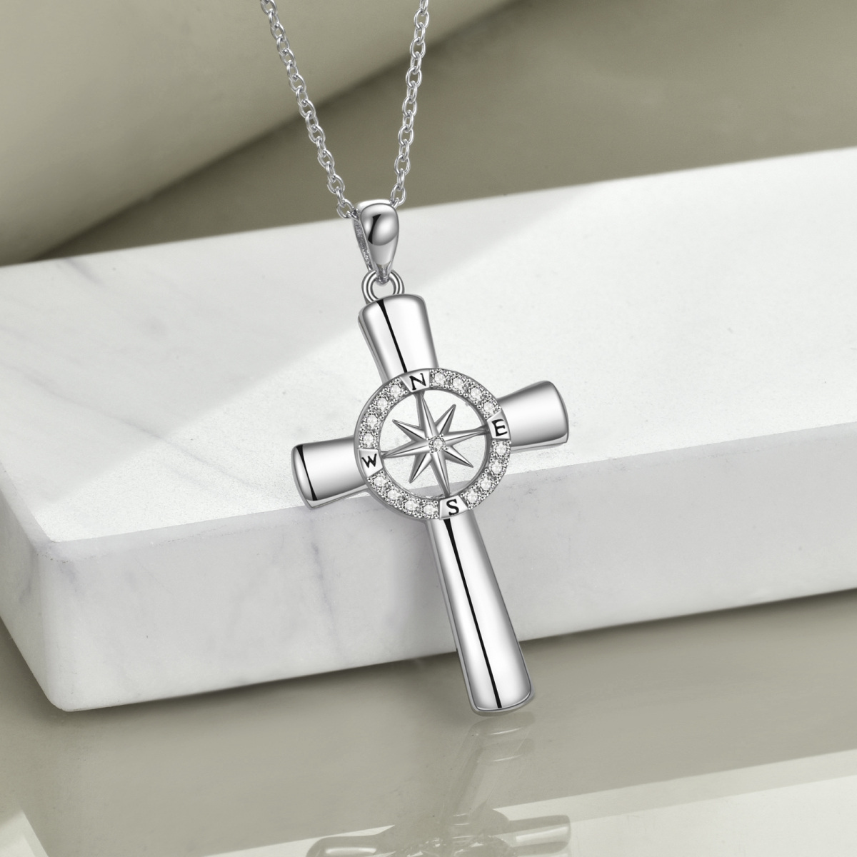 Sterling Silber kreisförmig Cubic Zirkonia Kompass & Kreuz Anhänger Halskette-4