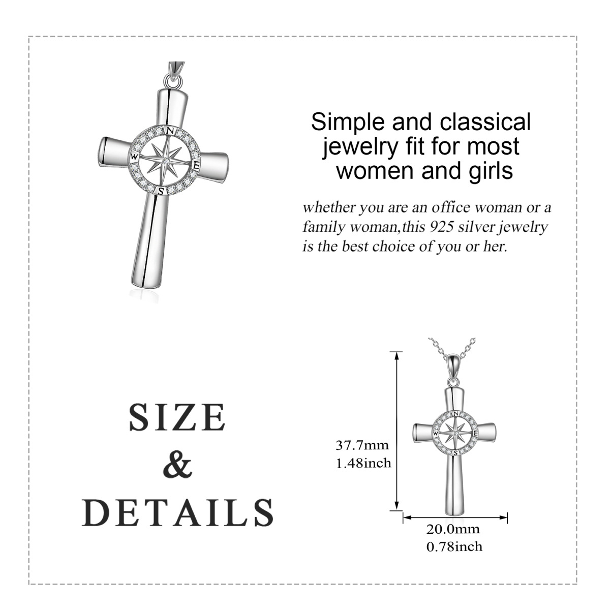 Sterling Silver Circular Shaped Cubic Zirconia Compass & Cross Pendant Necklace-5