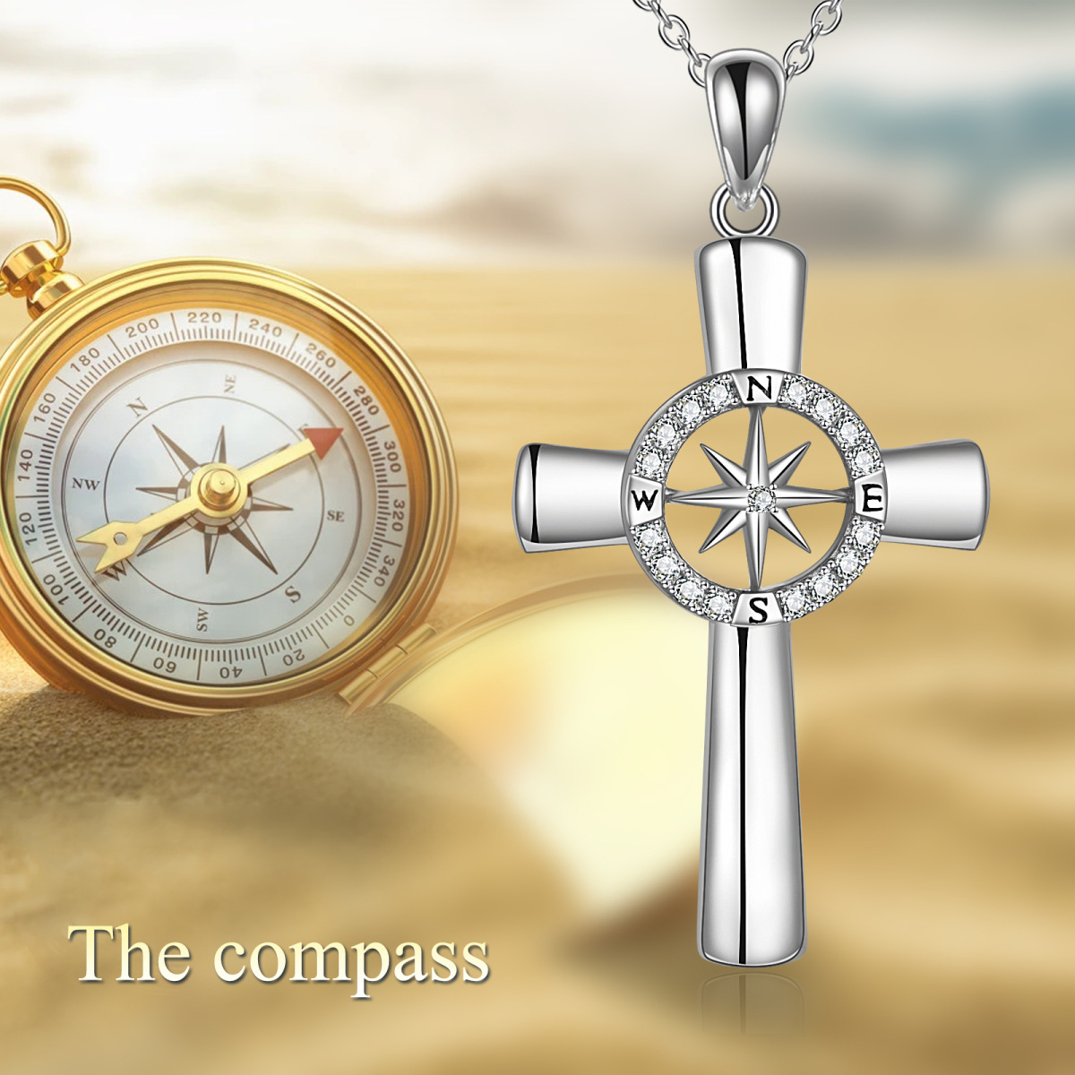 Sterling Silver Circular Shaped Cubic Zirconia Compass & Cross Pendant Necklace-6