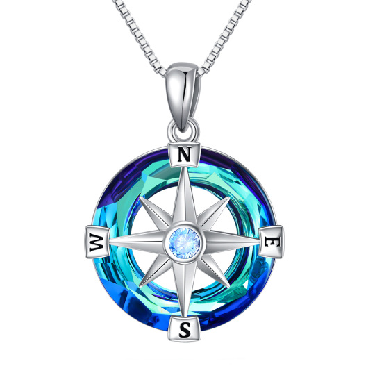 Sterling Silver Circular Shaped Compass Crystal Pendant Necklace with Initial Letter E & with Initial Letter N & with Initial Letter S & with Initial Letter W