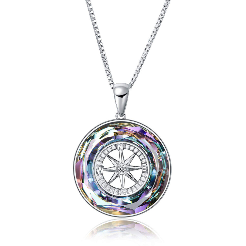 Sterling Silver Circular Shaped Compass Crystal Pendant Necklace-1