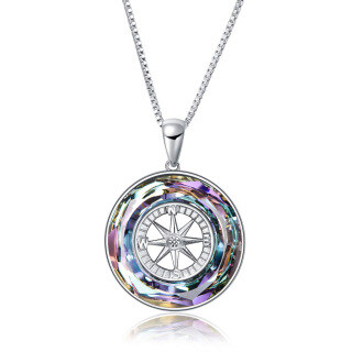 Sterling Silver Circular Shaped Compass Crystal Pendant Necklace-5