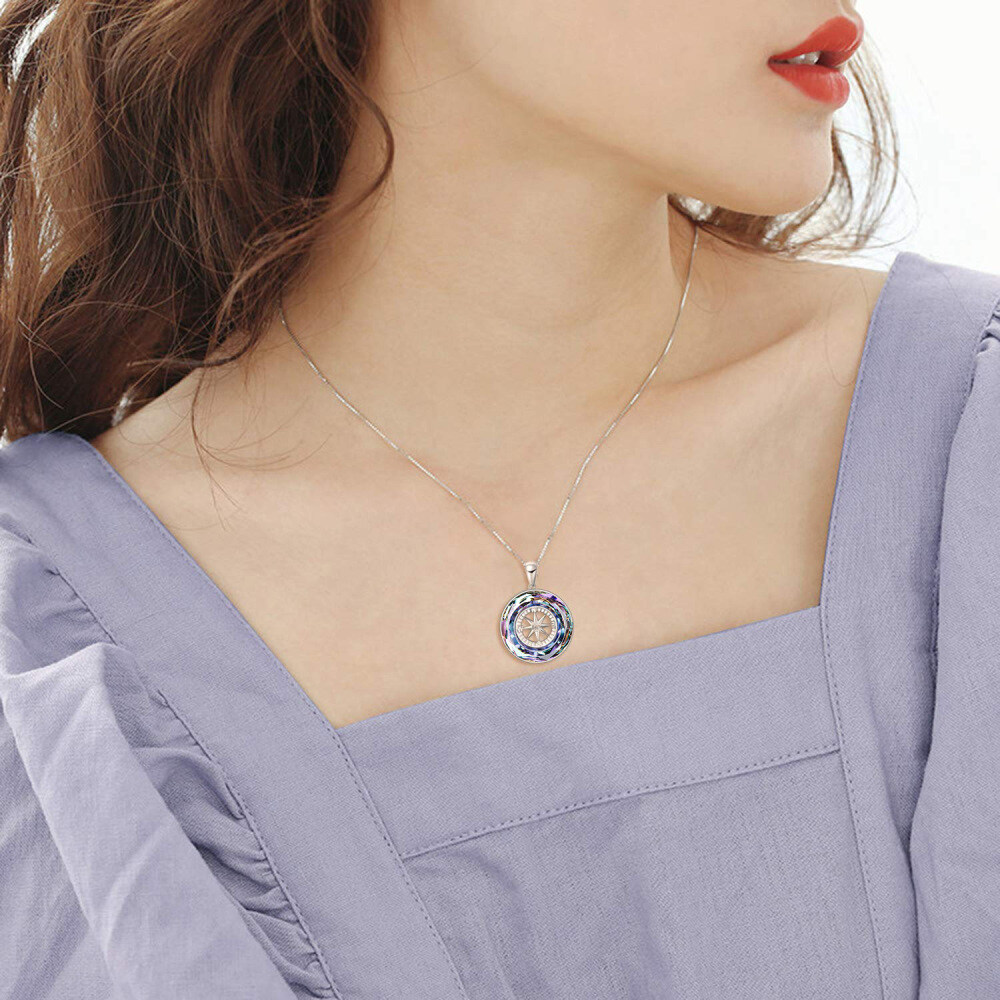 Sterling Silver Circular Shaped Compass Crystal Pendant Necklace-2