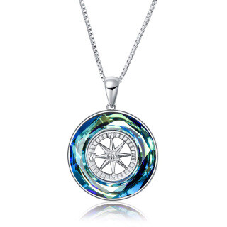 Sterling Silver Circular Shaped Compass Crystal Pendant Necklace-59