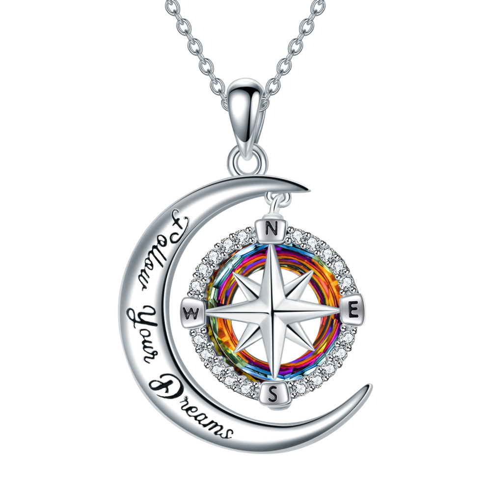 Sterling Silver Circular Shaped Compass & Moon Crystal Pendant Necklace with Engraved Word-1