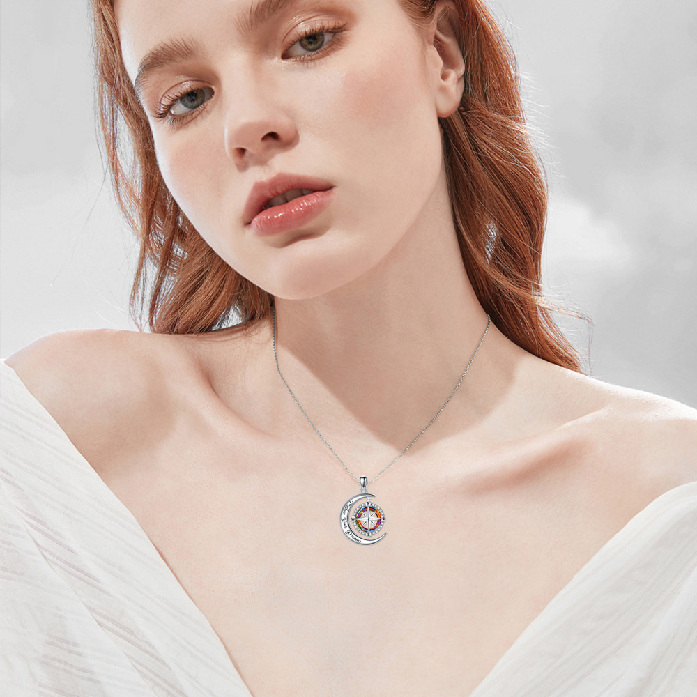 Sterling Silver Circular Shaped Compass & Moon Crystal Pendant Necklace with Engraved Word-2