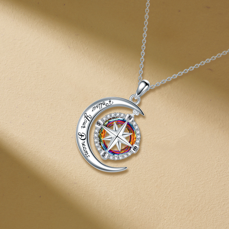 Sterling Silver Circular Shaped Compass & Moon Crystal Pendant Necklace with Engraved Word-3