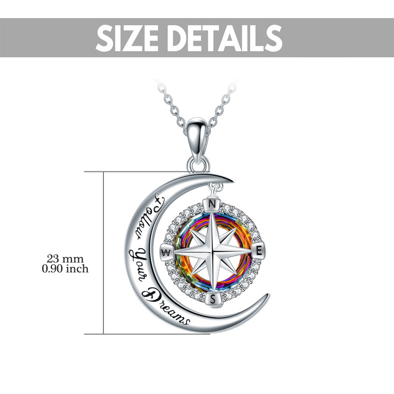 Sterling Silver Circular Shaped Compass & Moon Crystal Pendant Necklace with Engraved Word-4