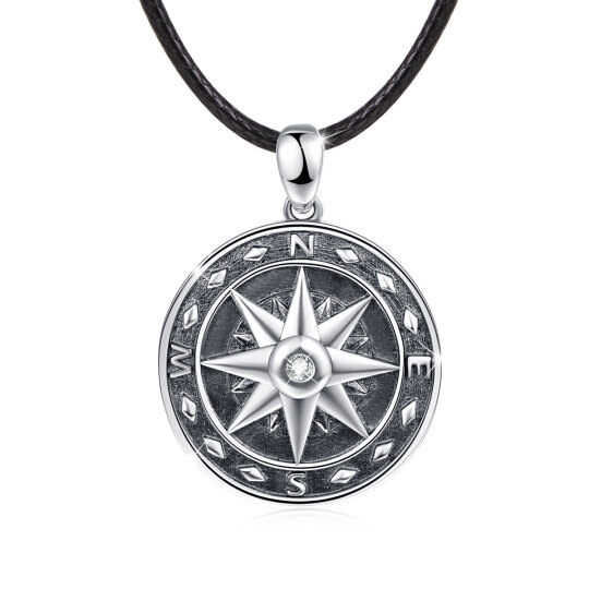 Sterling Silver Circular Shaped Cubic Zirconia Compass Pendant Necklace for Men