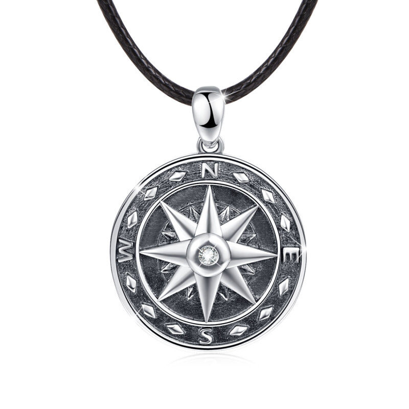 Sterling Silver Circular Shaped Cubic Zirconia Compass Pendant Necklace for Men-17