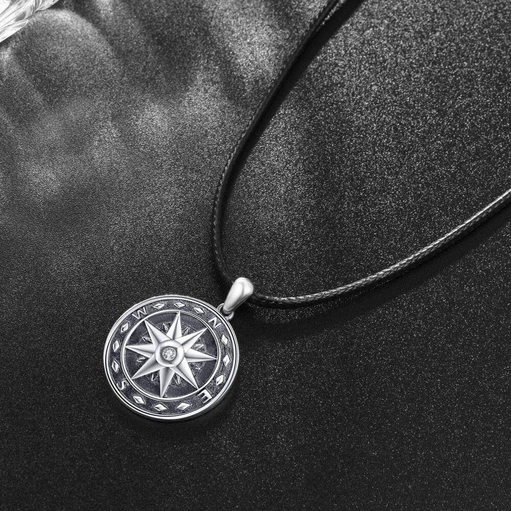 Sterling Silver Circular Shaped Cubic Zirconia Compass Pendant Necklace for Men-3