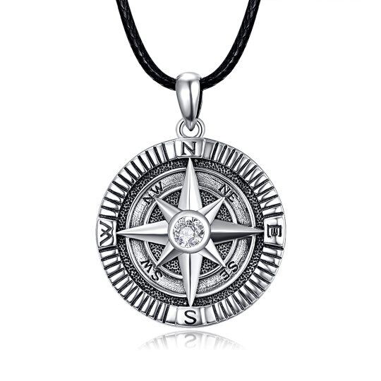 Sterling Silver Circular Shaped Cubic Zirconia Compass Pendant Necklace with Engraved Word