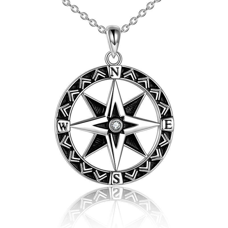 Sterling Silver Circular Shaped Cubic Zirconia Compass Pendant Necklace-17